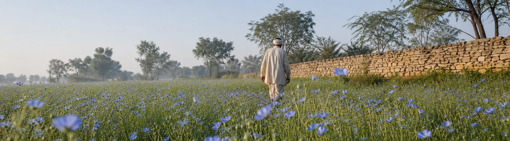 Farmer walking through blue flax at Khutmili Farm I