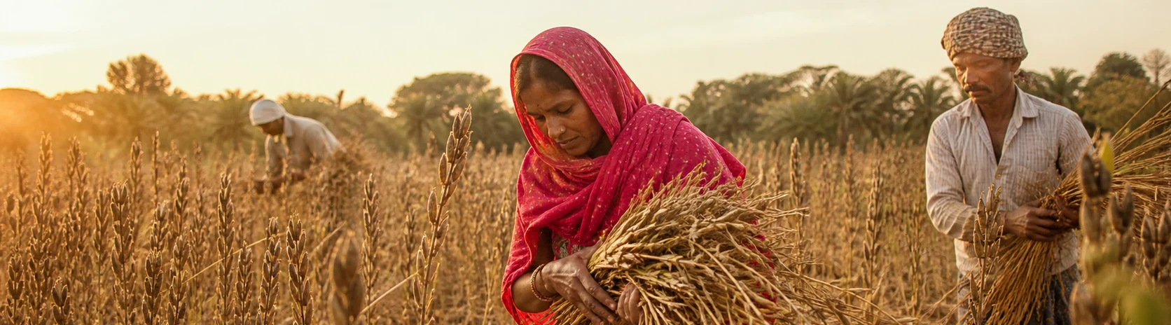 Farmers gathering sesame stalks at Najirpur Farm I